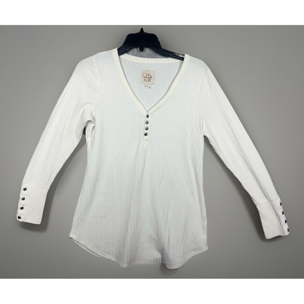 CHASER Top Women's Medium Cream‎ Long Sleeve V Neck Waffle Knit Stretch